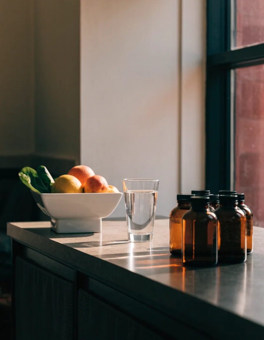 A shelf of unbranded amber-glass bottles and a clean drinking glass in afternoon light