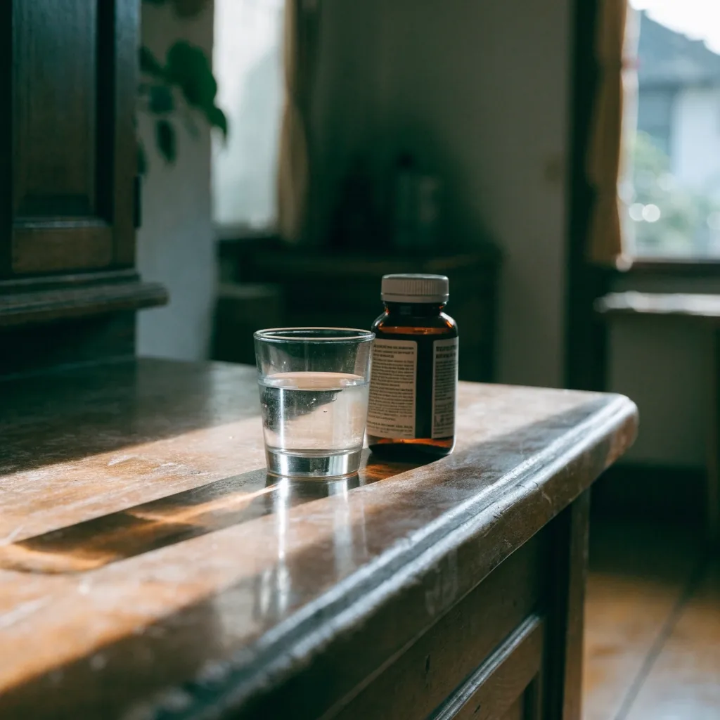 A reading desk with a glass of water, a closed notebook and a pencil in morning light