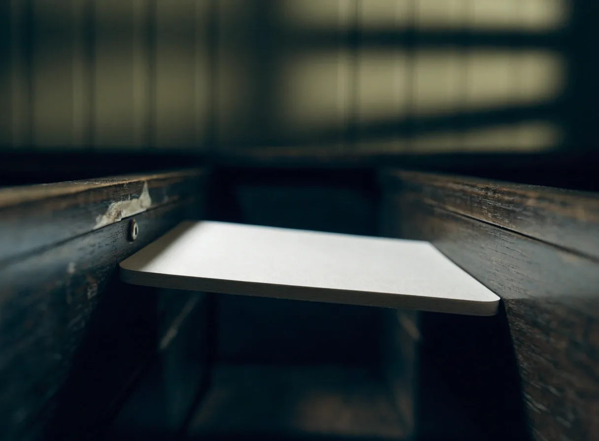 A blank index card lifted from a worn drawer under cool reading-room light