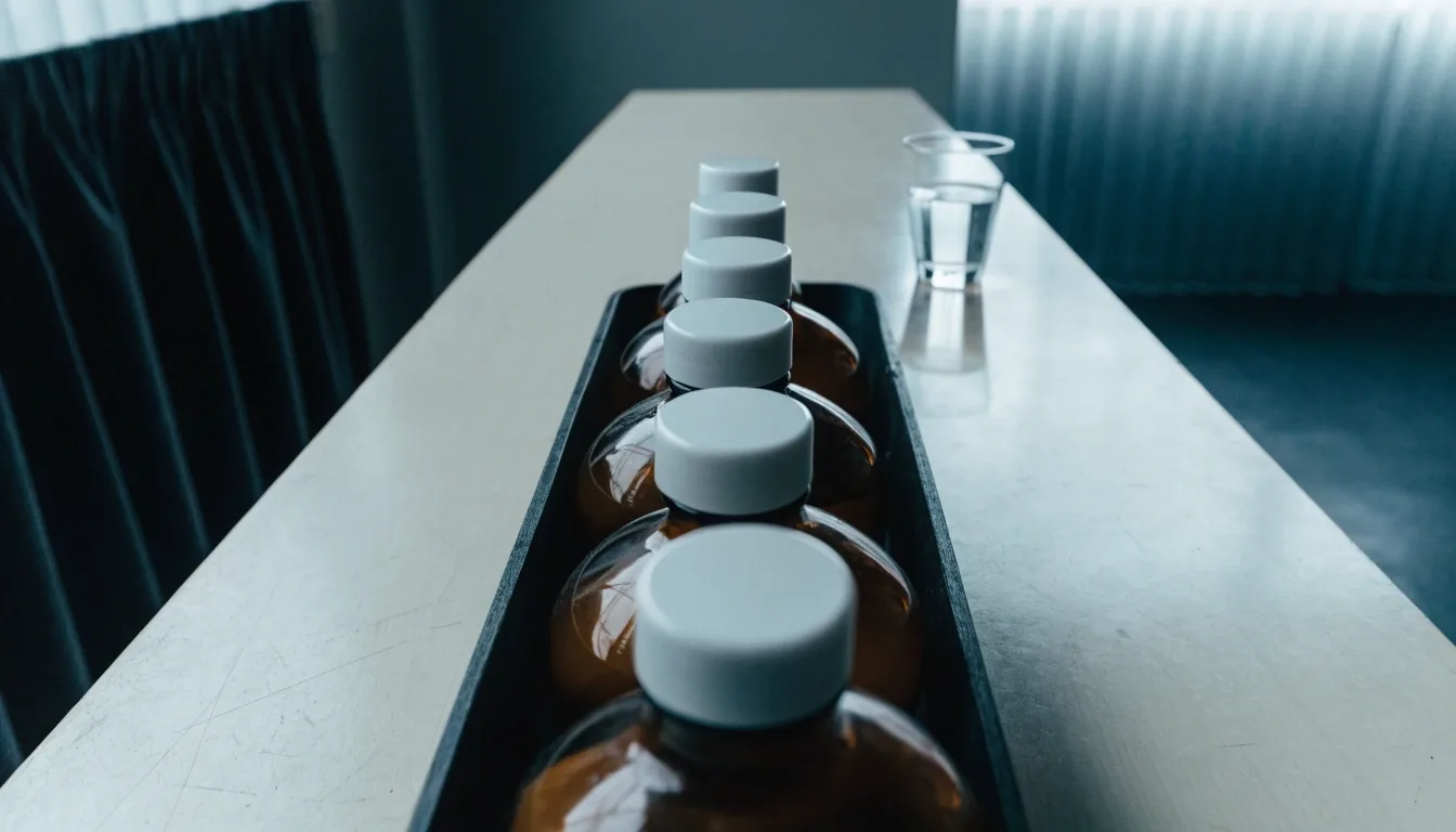 Sealed amber-glass bottles on a tray in a quiet cool-lit reading room