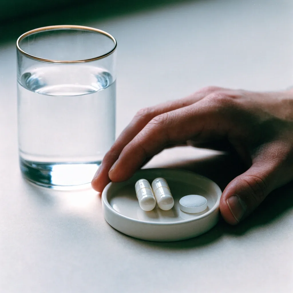 A hand beside a tray with two plain capsules, a tablet and a glass of water on a pale paper surface