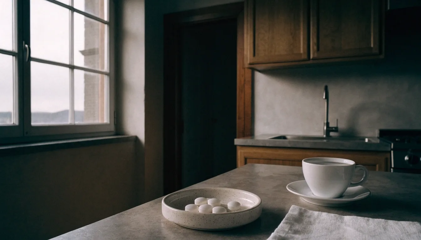 A morning kitchen counter with a blank notebook, a ceramic cup and a dish holding a few plain capsules