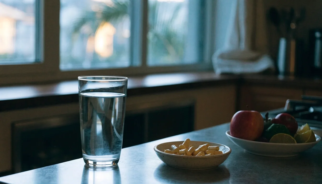 An empty reading desk by a large window with a tray of blank sheets and a glass of water