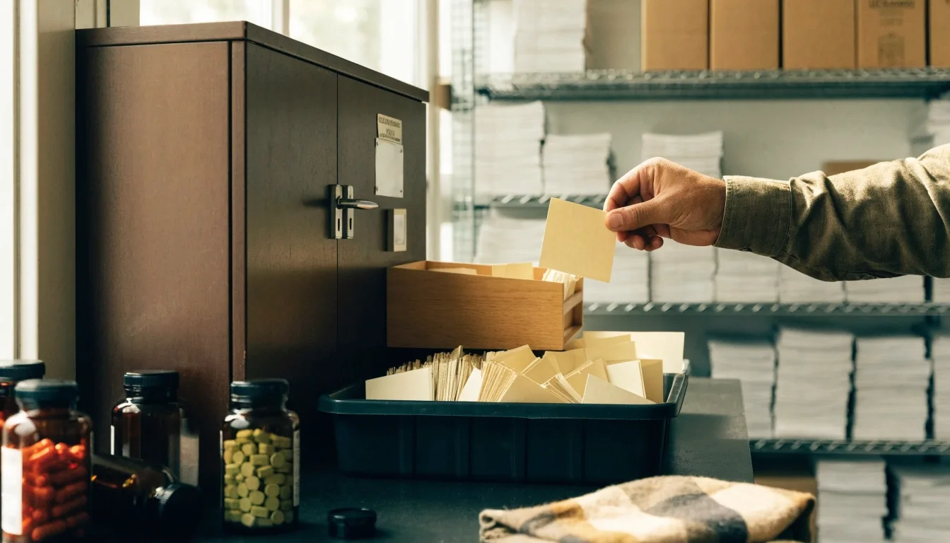 An open binder of blank index sheets and a shallow card drawer along a reading-room counter