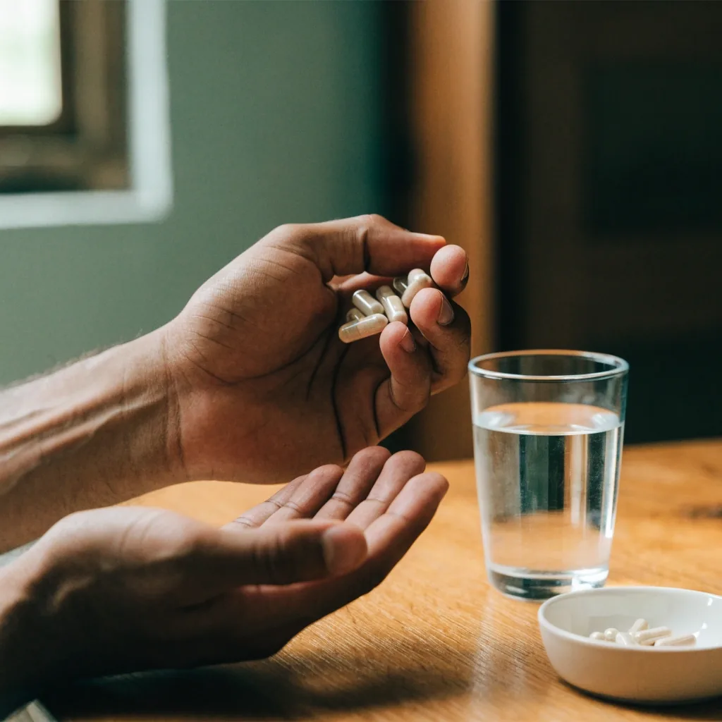 Capsules and tablets scattered on a matte tray beside a glass of water in morning light