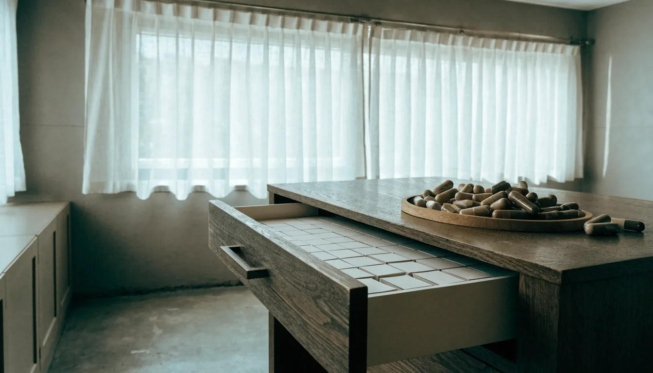 A cool-lit reading room desk with an open drawer of blank index cards and a tray of unbranded capsules