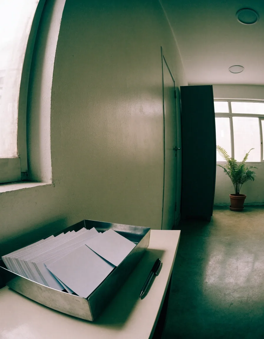 A quiet desk corner with a blank ruled pad, capped pen and a tray of unlabelled folders in daylight